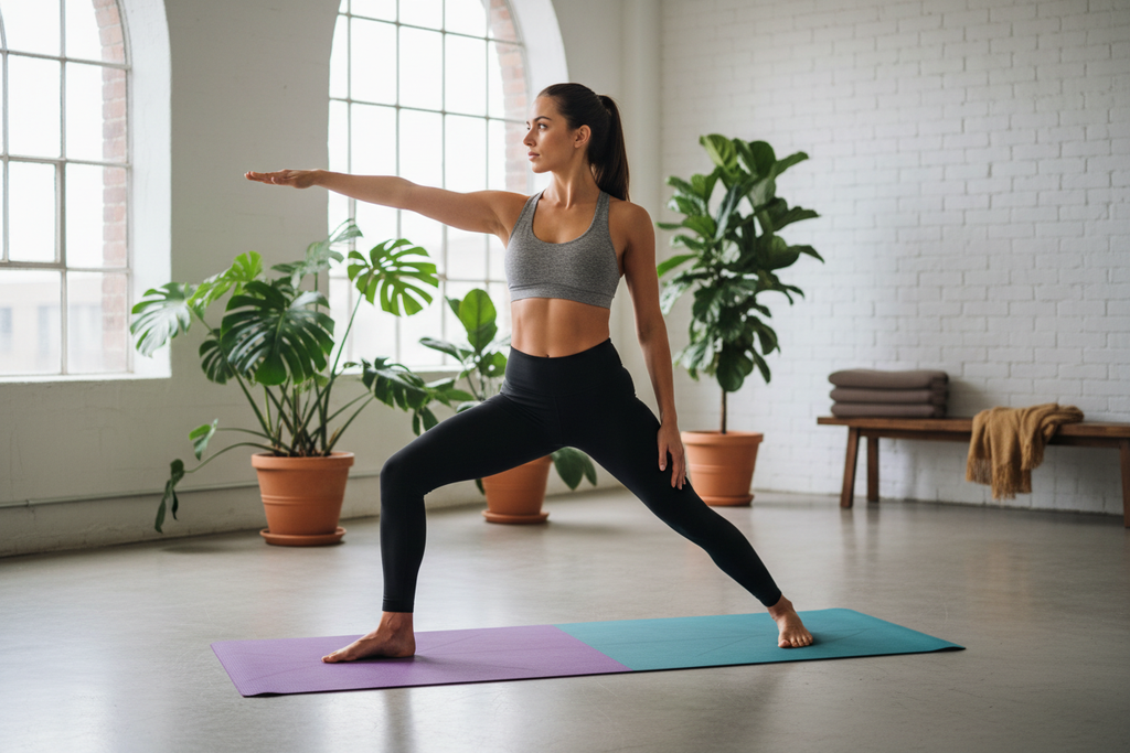Yoga mat lifestyle shot - woman doing warrior pose in bright studio