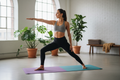 Yoga mat lifestyle shot - woman doing warrior pose in bright studio